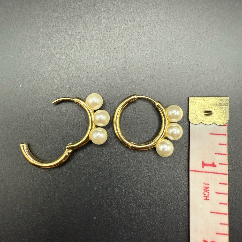 Gold Tone and Cream Faux Pearl Hoop Earrings - Picture 3 of 3